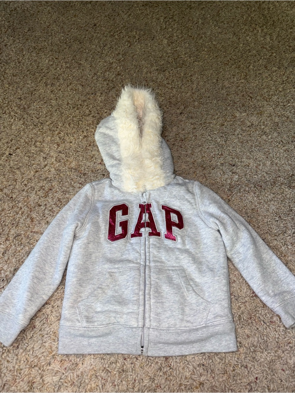 GAP Kids Light Gray Zip Hoodie with Cream Faux-Fur Hood and Maroon Logo